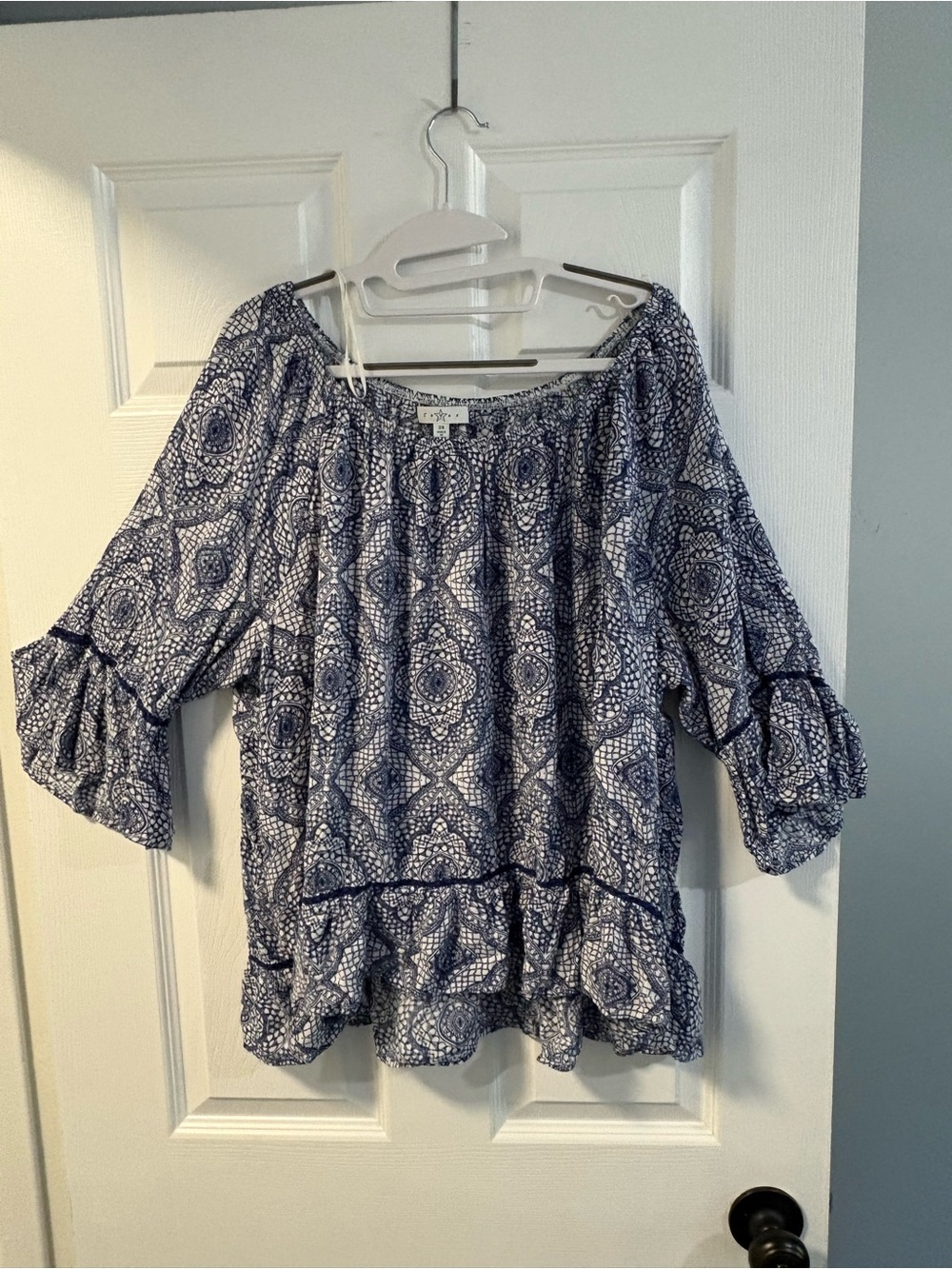 Fever - Navy and White Printed Off-Shoulder Peasant Tunic - 2X